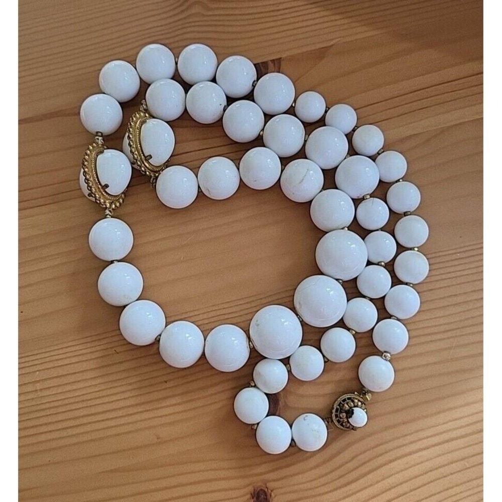 Miriam Haskell White Plastic Beads & Brass Necklace Signed Vintage 30 Inch